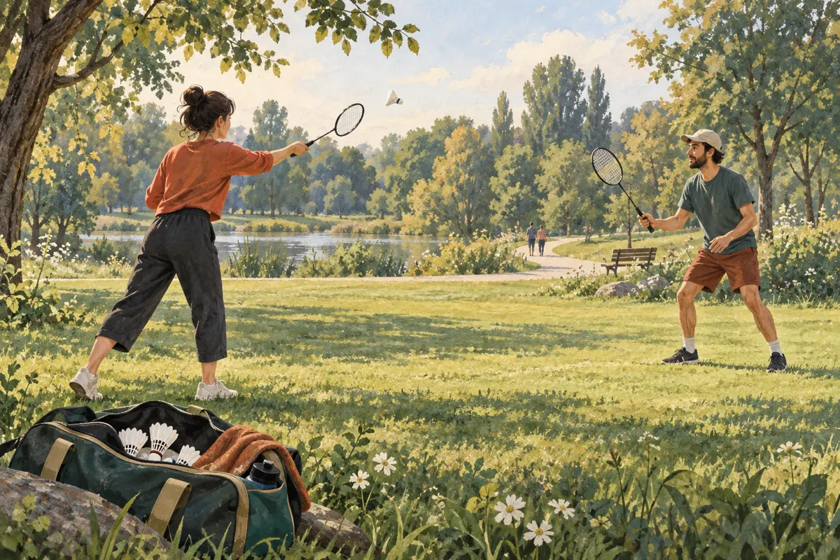 Ilustracja dwóch osób o różnym doświadczeniu spokojnie odbijających lotkę na parkowej polanie.