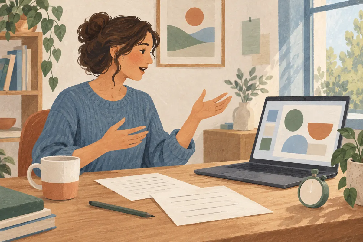 Ilustracja osoby ćwiczącej prezentację z laptopem, notatkami i stoperem
