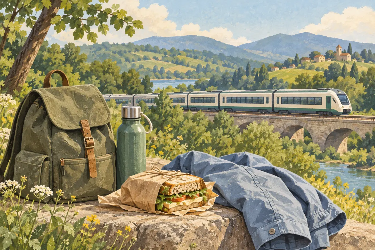 Ilustracja plecaka i podstawowych rzeczy na jednodniową wycieczkę pociągiem