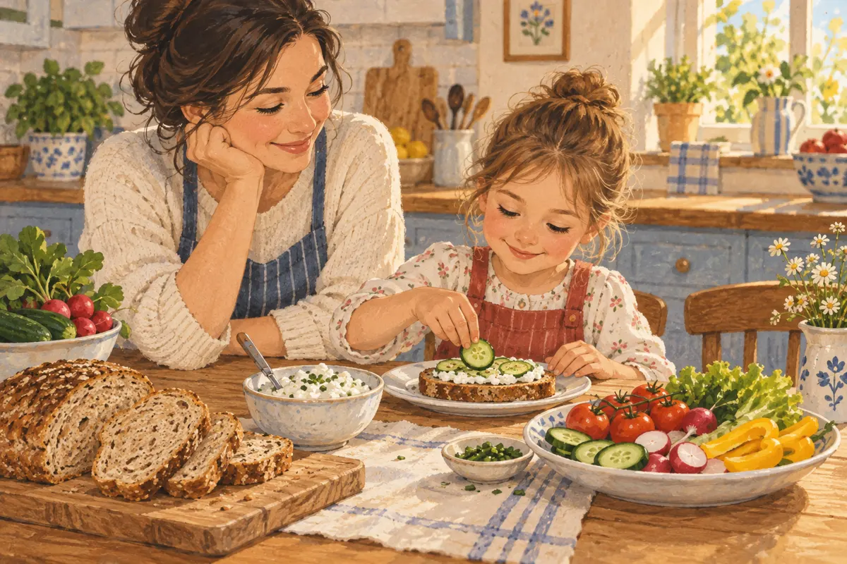Ilustracja dorosłego i dziecka wspólnie przygotowujących kanapki przy stole.
